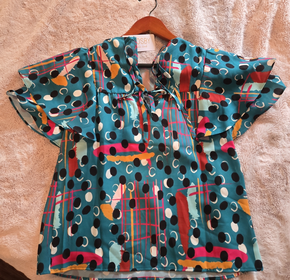 crosby. Teal Abstract Dot & Stripe Ruffle Sleeve Top